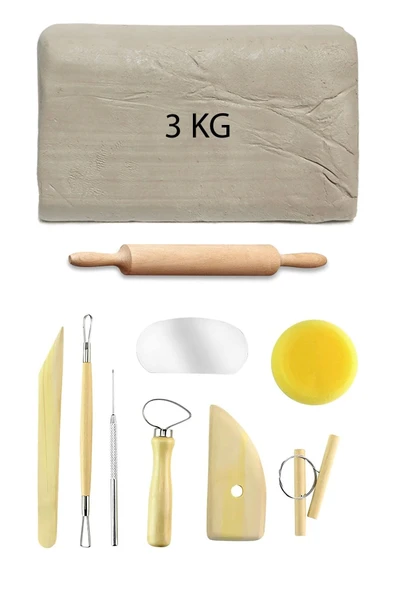 Beyaz Seramik Hamuru 3 kg Seramik Başlangıç Seti 8 Parça Mini Ahşap Merdane