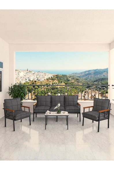 Modern Serisi Bahçe Takımı, Bahçe Mobilyası, Metal Koltuk Takımı - 3+1+1 Sehpalı - Efes Koyu Gri - 2
