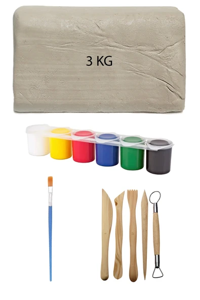 Beyaz Seramik Hamuru 3 kg Kil Ebeşuar Seti 6x15 ml Akrilik Seti Düz Fırça Seramik Kili Oyun Hamuru