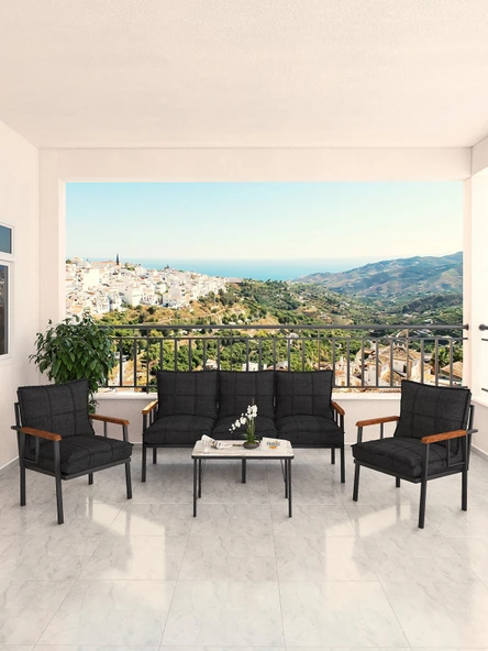 Modern Serisi Bahçe Takımı, Bahçe Mobilyası, Metal Koltuk Takımı - 3+1+1 Sehpalı - Efes Siyah - 2