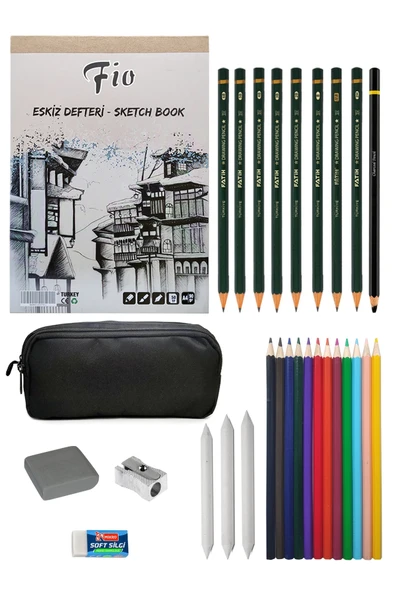Fio A4 Eskiz Defteri 90g Çift Gözlü Kalemlikli Eskiz Seti Kuruboya 12li Karakalem Çizim Seti ürün görseli