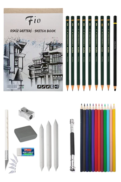 Fio A4 Eskiz Defteri 90 G Dereceli Kalem Seti Kuruboya 12'li Eskiz Seti Karakalem Çizim Seti ürün görseli