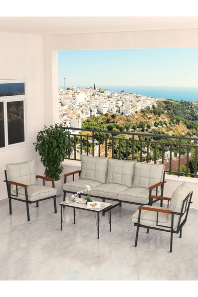 Modern Serisi Bahçe Takımı, Bahçe Mobilyası, Metal Koltuk Takımı - 3+1+1 Sehpalı - Efes Siyah - 7