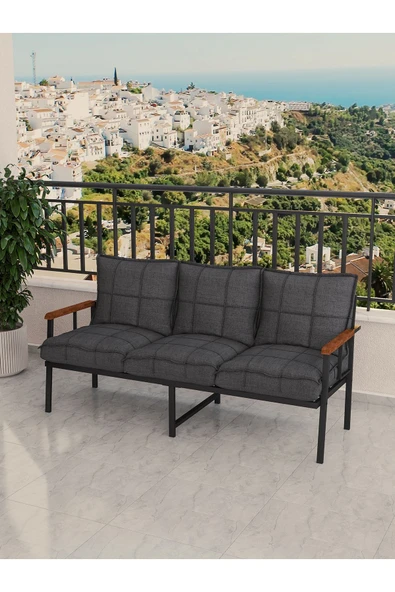 Modern Serisi Bahçe Takımı, Bahçe Mobilyası, Metal Koltuk Takımı - 3+1+1 Sehpalı - Efes Koyu Gri - 3