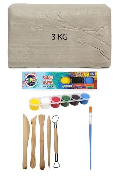 Beyaz Seramik Hamuru 3 kg Kil Ebeşuar Seti 6x15 ml Guaj Boya Seti Düz Fırça Seramik Kili Oyun Hamuru ürün görseli