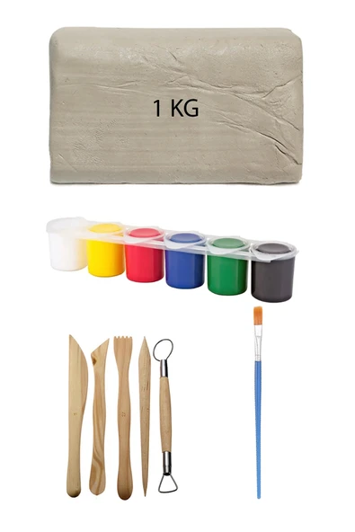 Beyaz Seramik Hamuru 1 kg Kil Ebeşuar Seti 6x15 ml Akrilik Seti Düz Fırça Seramik Kili Oyun Hamuru ürün görseli