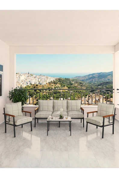 Modern Serisi Bahçe Takımı, Bahçe Mobilyası, Metal Koltuk Takımı - 3+1+1 Sehpalı - Efes Siyah - 9