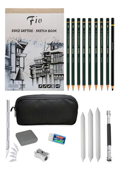 Fio A4 Eskiz Defteri 90 gr Çift Gözlü Kalemlik Eskiz Seti Karakalem Çizim Seti Kretuar Seti ürün görseli