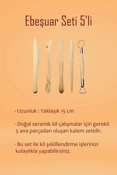 Beyaz Seramik Hamuru 1 kg Kil Ebeşuar Seti 6x15 ml Akrilik Seti Seramik Kil Ahşap Merdane Oyun Hamur - 5