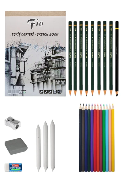 Fio A4 Eskiz Defteri 90g Eskiz Seti Dereceli Kalem Seti Kuruboya Seti Karakalem Çizim Seti ürün görseli