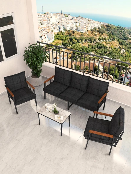 Modern Serisi Bahçe Takımı, Bahçe Mobilyası, Metal Koltuk Takımı - 3+1+1 Sehpalı - Efes Siyah - 3