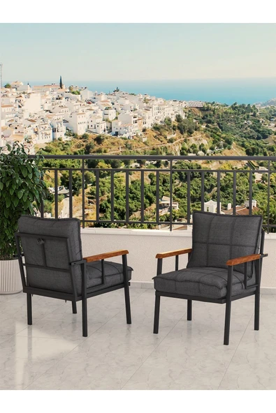 Modern Serisi Bahçe Takımı, Bahçe Mobilyası, Metal Koltuk Takımı - 3+1+1 Sehpalı - Efes Koyu Gri - 4