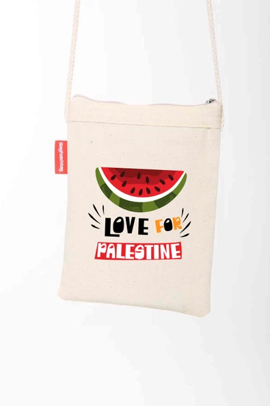 Geleneksel Filistin Yarım Karpuzlu "LOVE FOR PALESTINE" Dijital Baskılı Askılı Kanvas Bez Fermuarlı B330008