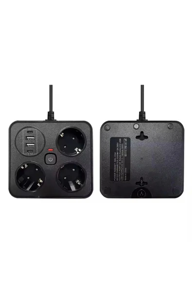 Akım Korumalı Anahtarlı Priz - 3X Priz - 2X Usb - 2X Type-C - 2 mt Kablo Hızlı Şarj Özellikli Siyah - 2