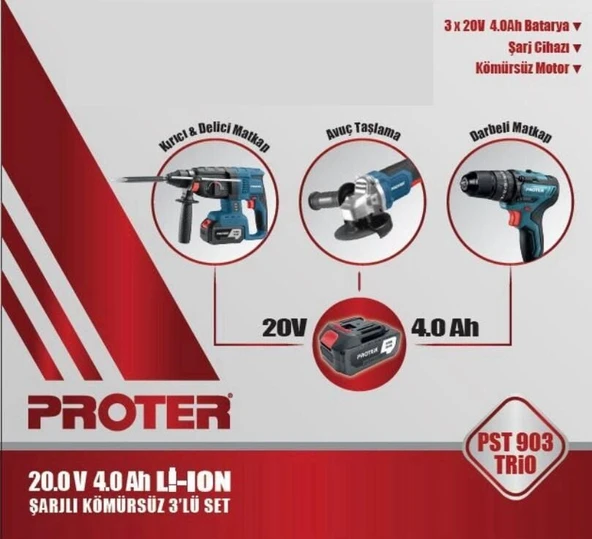 PROTER 3 LÜ SET PST 904 E ŞARJLI AVUÇ TAŞLAMA + PST 945 HD PNOMATİK KIRICI–DELİCİ+PST 924 BL ŞARJLI MATKAP 13 MM KÖMÜRSÜZ DARBELİ +3 AKÜ+TAKIM ÇANTASI - 2
