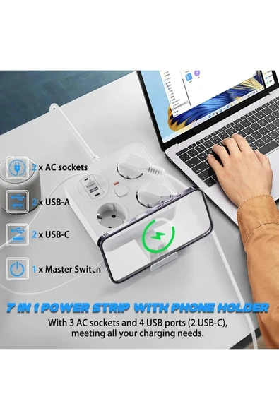 Akım Korumalı Anahtarlı Priz - 3X Priz - 2X Usb - 2X Type-C - 2 mt Kablo Hızlı Şarj Özellikli Siyah - 6