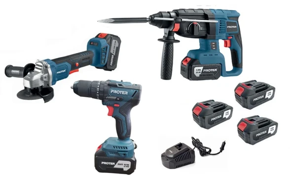 PROTER 3 LÜ SET PST 904 E ŞARJLI AVUÇ TAŞLAMA + PST 945 HD PNOMATİK KIRICI–DELİCİ+PST 924 BL ŞARJLI MATKAP 13 MM KÖMÜRSÜZ DARBELİ +3 AKÜ+TAKIM ÇANTASI