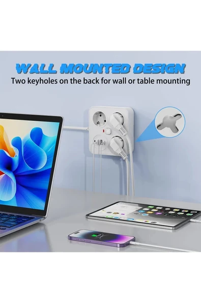 Akım Korumalı Anahtarlı Priz - 3X Priz - 2X Usb - 2X Type-C - 2 mt Kablo Hızlı Şarj Özellikli Siyah - 5