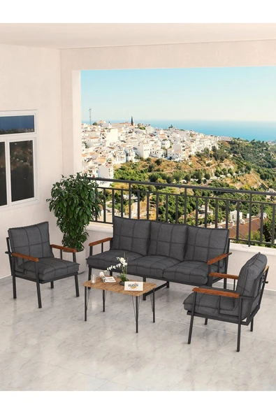 Modern Serisi Bahçe Takımı, Bahçe Mobilyası, Metal Koltuk Takımı - 3+1+1 Sehpalı - Atlantik Koyu Gri