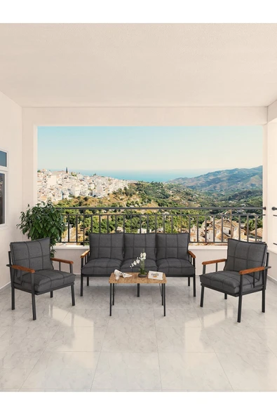 Modern Serisi Bahçe Takımı, Bahçe Mobilyası, Metal Koltuk Takımı - 3+1+1 Sehpalı - Atlantik Koyu Gri - 2