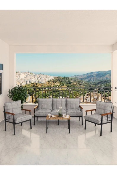 Modern Serisi Bahçe Takımı, Bahçe Mobilyası, Metal Koltuk Takımı - 3+1+1 Sehpalı - Atlantik Açık Gri - 2