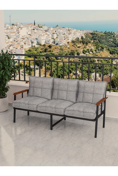 Modern Serisi Bahçe Takımı, Bahçe Mobilyası, Metal Koltuk Takımı - 3+1+1 Sehpalı - Atlantik Açık Gri - 3
