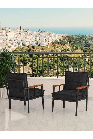 Modern Serisi Bahçe Takımı, Bahçe Mobilyası, Metal Koltuk Takımı - 3+1+1 Sehpalı - Atlantik Siyah - 4