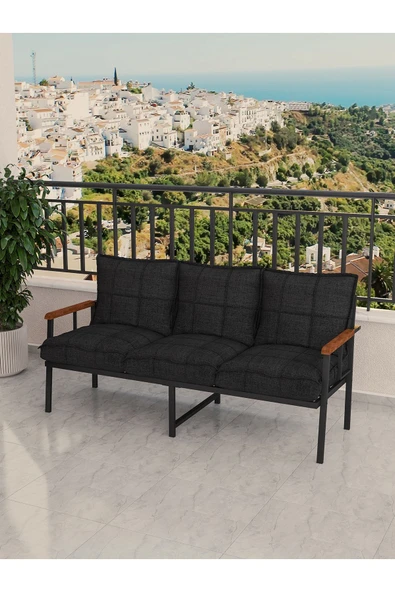 Modern Serisi Bahçe Takımı, Bahçe Mobilyası, Metal Koltuk Takımı - 3+1+1 Sehpalı - Atlantik Siyah - 3