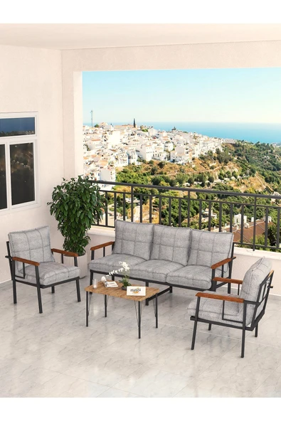 Modern Serisi Bahçe Takımı, Bahçe Mobilyası, Metal Koltuk Takımı - 3+1+1 Sehpalı - Atlantik Açık Gri