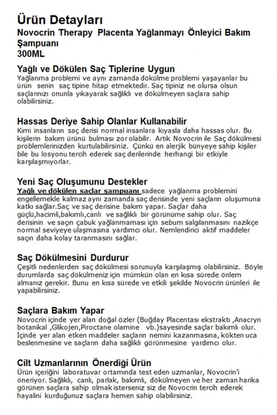 NOVOCRİN PLACENTA YAĞLANMA ÖNLEYİCİ BAKIM ŞAMPUANI 300 ML - 2