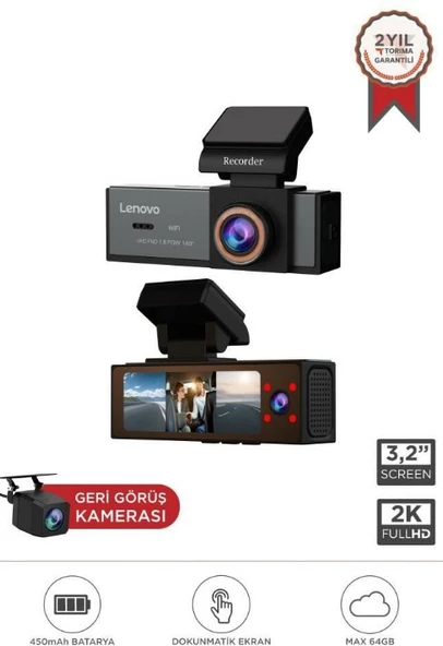 Lenovo Q7-7302 Siyah 1080P Wifi Araç içi Dokunmatik Ön İç Ve Arka Araç Kamerası