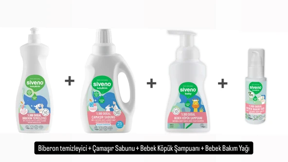 Siveno %100 Doğal 4'lü Bebek Bakım Seti Bebek Köpük Şampuanı+Bebek Çamaşır Sabunu 750ml+BiberonTemizleyici+Bebek Bakım Yağı