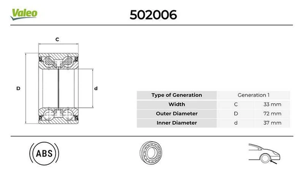 ÖN TEKER RULMANI P207 06 P208 12 P301-C-ELYSEE 12 P2008 13 C2 03 C3 02 C4 14 DS3 37x72x33 ürün görseli 1