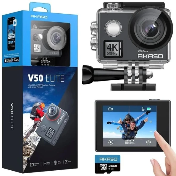 AKASO V50 Elite 4K60fps Dokunmatik Ekran WiFi Su Geçirmez Aksiyon Kamerası With 128GB MicroSD Card