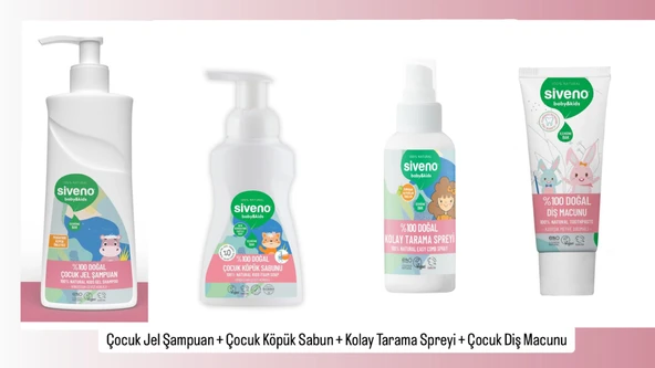 Siveno %100 Doğal 4'lü Çocuk Günlük Bakım Seti Çocuk Jel Şampuan+Çocuk Köpük Sabunu+Çocuk Diş Macunu+Kolay Saç Tarama Spreyi