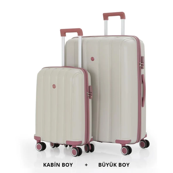 MÇS Bavul Büyük ve Kabin 2li Set Kırılmaz Silikon Valiz V305 Kemik/KoyuPudra