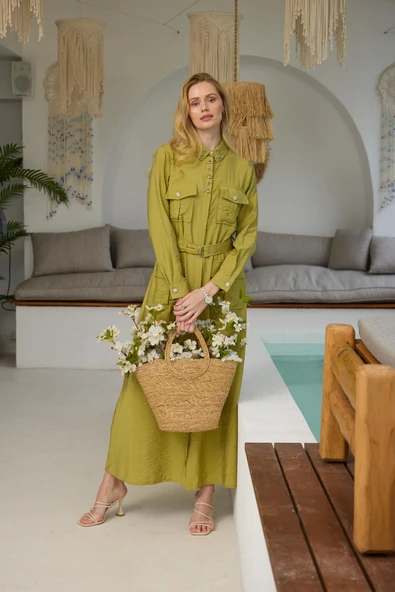 YAKASI İŞLEMELİ CEPLİ CUPRA ELBİSE - 2