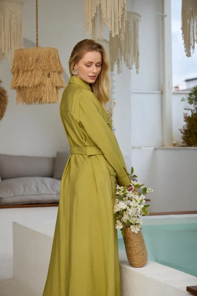 YAKASI İŞLEMELİ CEPLİ CUPRA ELBİSE - 3