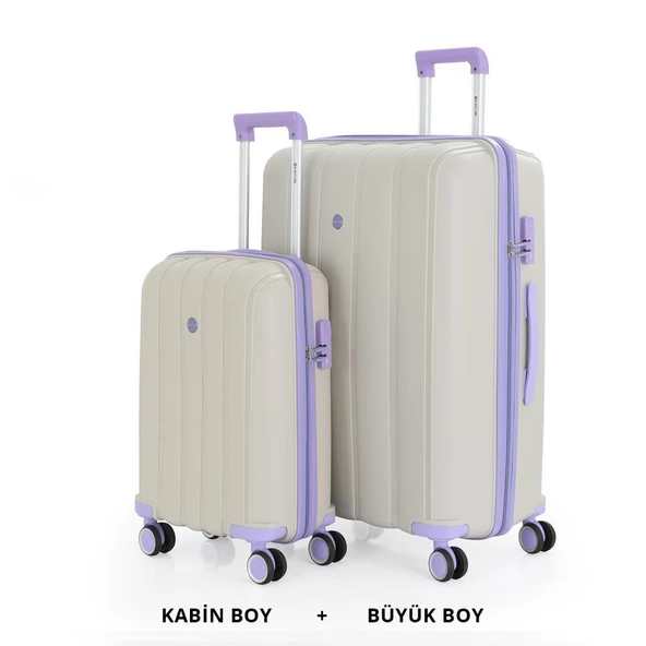 MÇS Bavul Büyük ve Kabin 2li Set Kırılmaz Silikon Valiz V305 Kemik/Lila