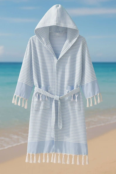 Kapşonlu Unisex Peştemal Plaj Bornozu %100 Pamuklu Seaside Stripe - 2