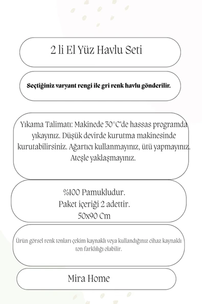 2 li Lüks El Yüz Havlu Seti 50x90 Cm %100 Pamuklu Gramajlı Grinja - 12