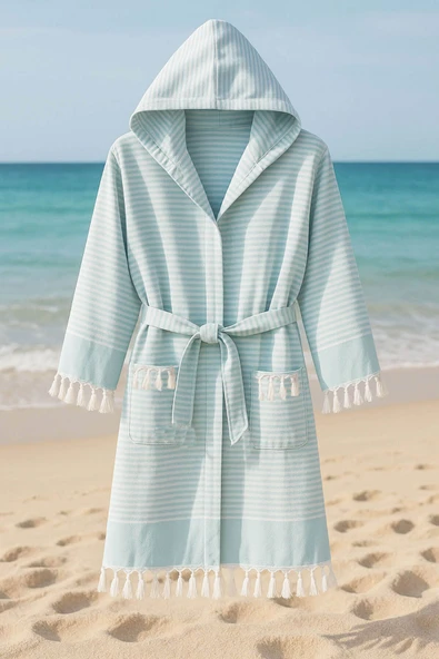 Kapşonlu Unisex Peştemal Plaj Bornozu %100 Pamuklu Seaside Stripe - 7