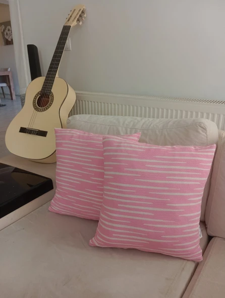 2 li Kırlent Kılıfı,Pembe Beyaz Modern Çizgili Dekoratif Kırlent Kılıfı 40x40 cm - 2