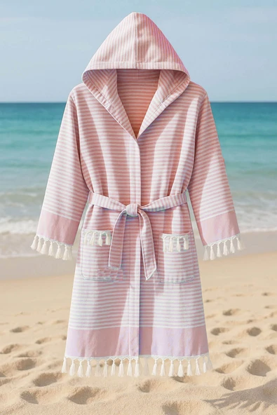 Kapşonlu Unisex Peştemal Plaj Bornozu %100 Pamuklu Seaside Stripe - 10