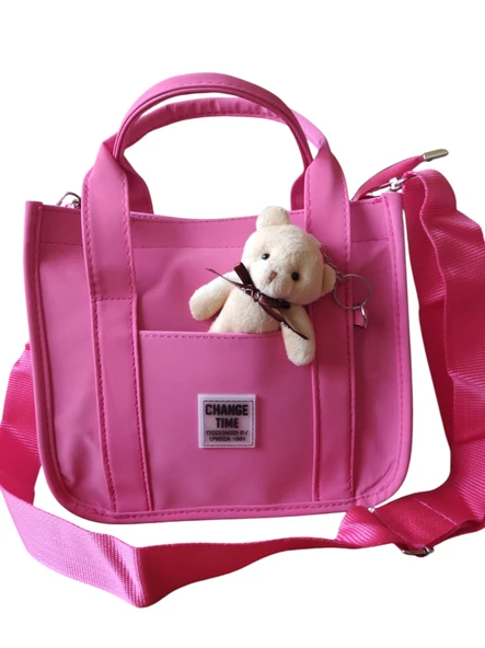 Pembe Buzi Kumaş Ayıcıklı Çanta Askılı Çanta El Çantası Omuz Çantası Kol Çantası Kadın Çanta Çapraz Çanta