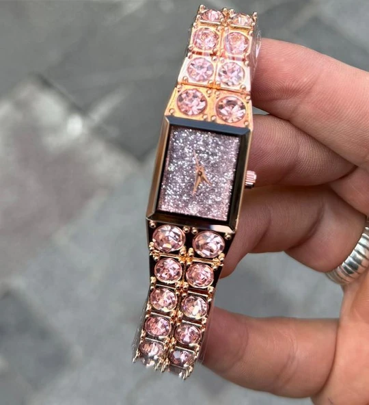 Choppers Marka Pembe Taş Kare Kadran Detaylı Kadın Kol Saati - Işıltılı ve Gösterişli Tasarım ürün görseli 1