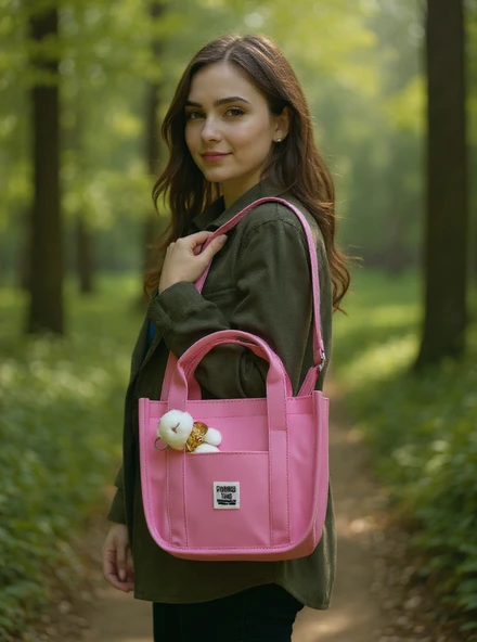 Pembe Buzi Kumaş Ayıcıklı Çanta Askılı Çanta El Çantası Omuz Çantası Kol Çantası Kadın Çanta Çapraz Çanta - 1