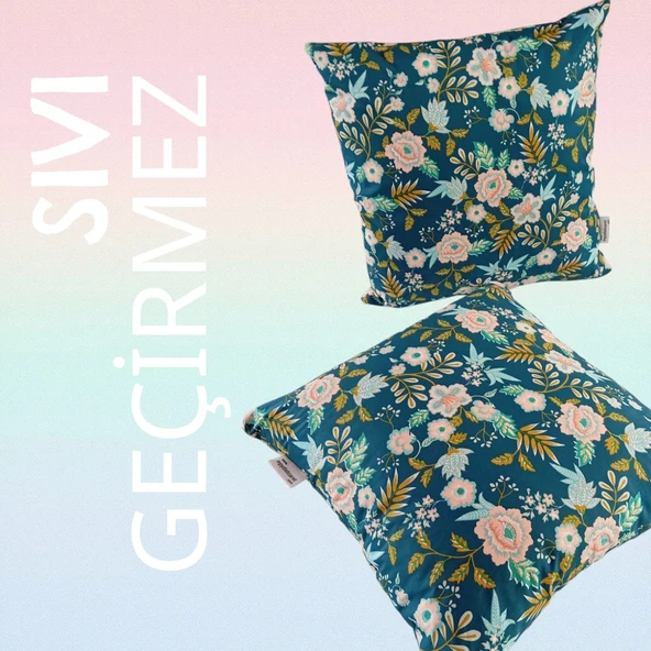 2li Sıvı Geçirmez Çiçek Desenli Kırlent Kılıfı,40x40 cm,Yastık Kılıfı