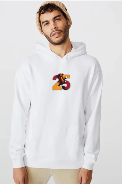 25 Aslan Beyaz Erkek 3ip Kapşonlu  Sweatshirt
