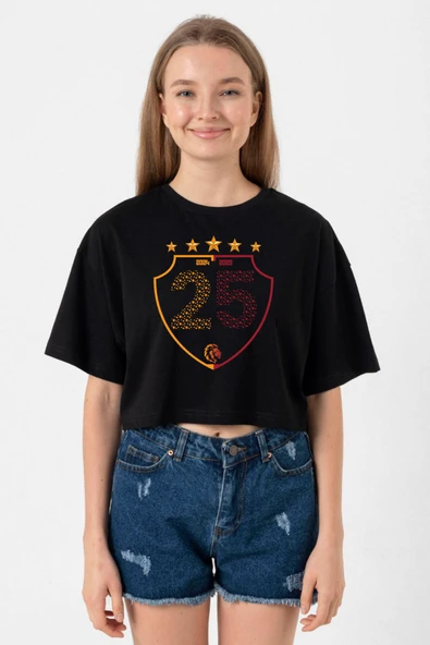 25 Şampiyonluk Shield Siyah Kadın Crop Tshirt